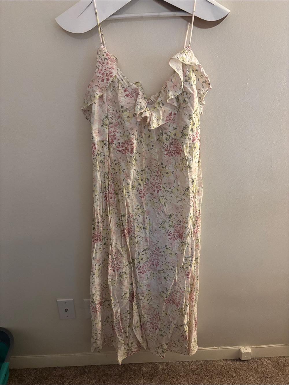 H&M Floral Ruffle Slip Dress in Soft Cream and Pink